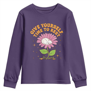 Give Yourself Time To Rest Youth Sweatshirt Cute Cat Sleep Mental Health TS09 Purple Print Your Wear