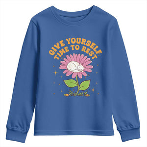 Give Yourself Time To Rest Youth Sweatshirt Cute Cat Sleep Mental Health TS09 Royal Blue Print Your Wear