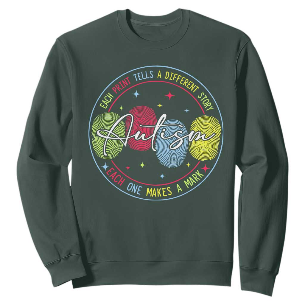 Autism Sweatshirt Fingerprint Autism Each Print Tells A Different Story TS09 Dark Forest Green Print Your Wear