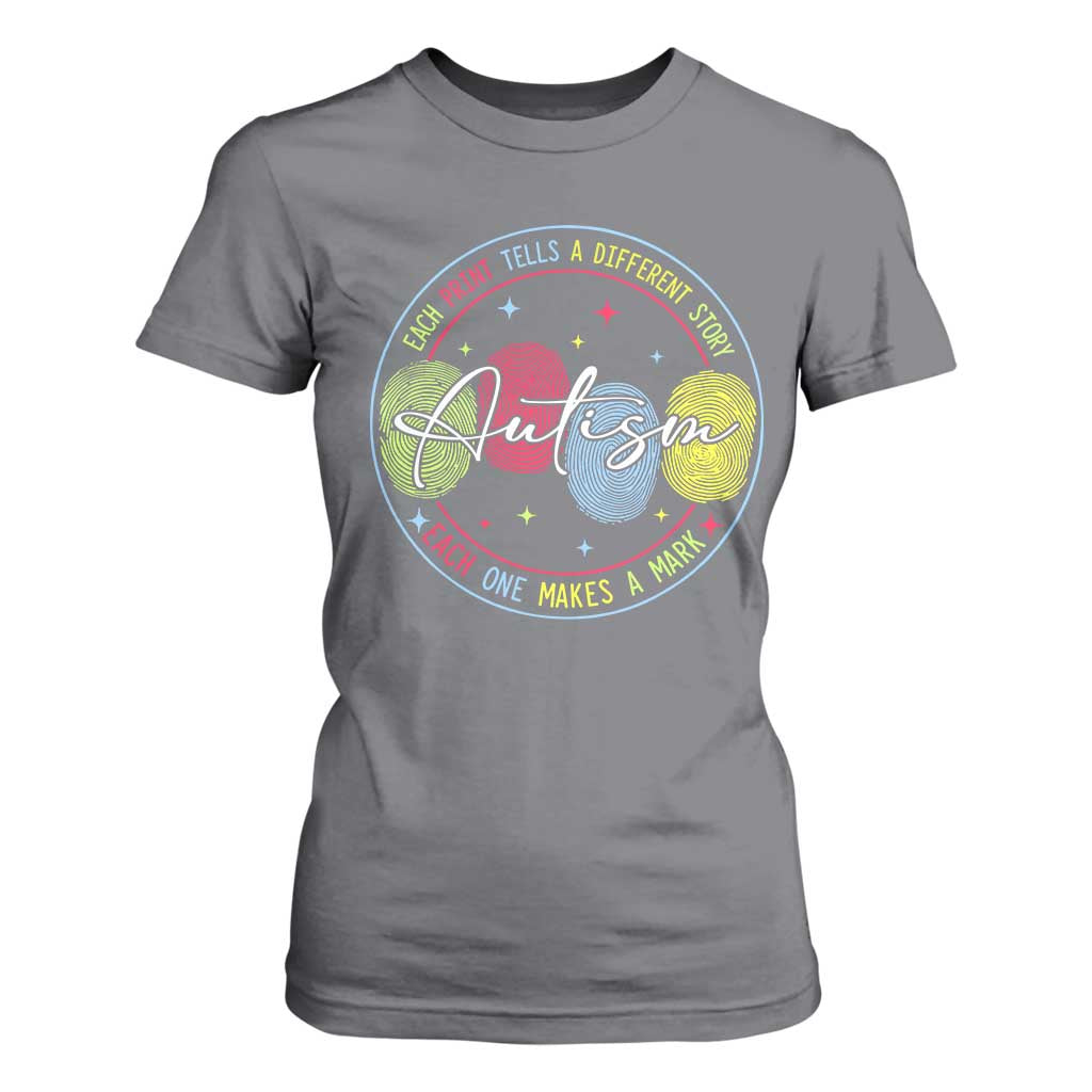Autism T Shirt For Women Fingerprint Autism Each Print Tells A Different Story TS09 Charcoal Print Your Wear