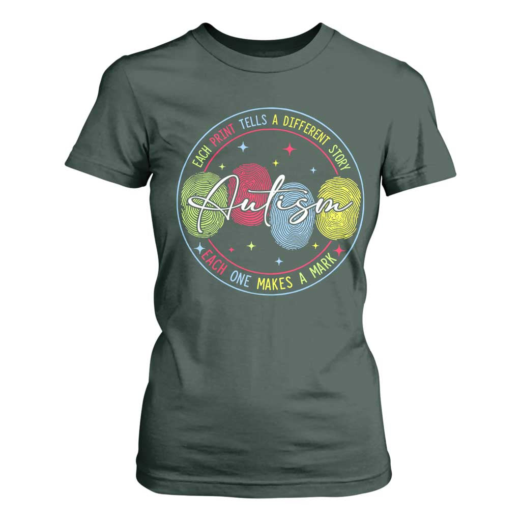 Autism T Shirt For Women Fingerprint Autism Each Print Tells A Different Story TS09 Dark Forest Green Print Your Wear