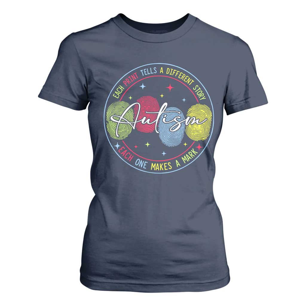 Autism T Shirt For Women Fingerprint Autism Each Print Tells A Different Story TS09 Navy Print Your Wear