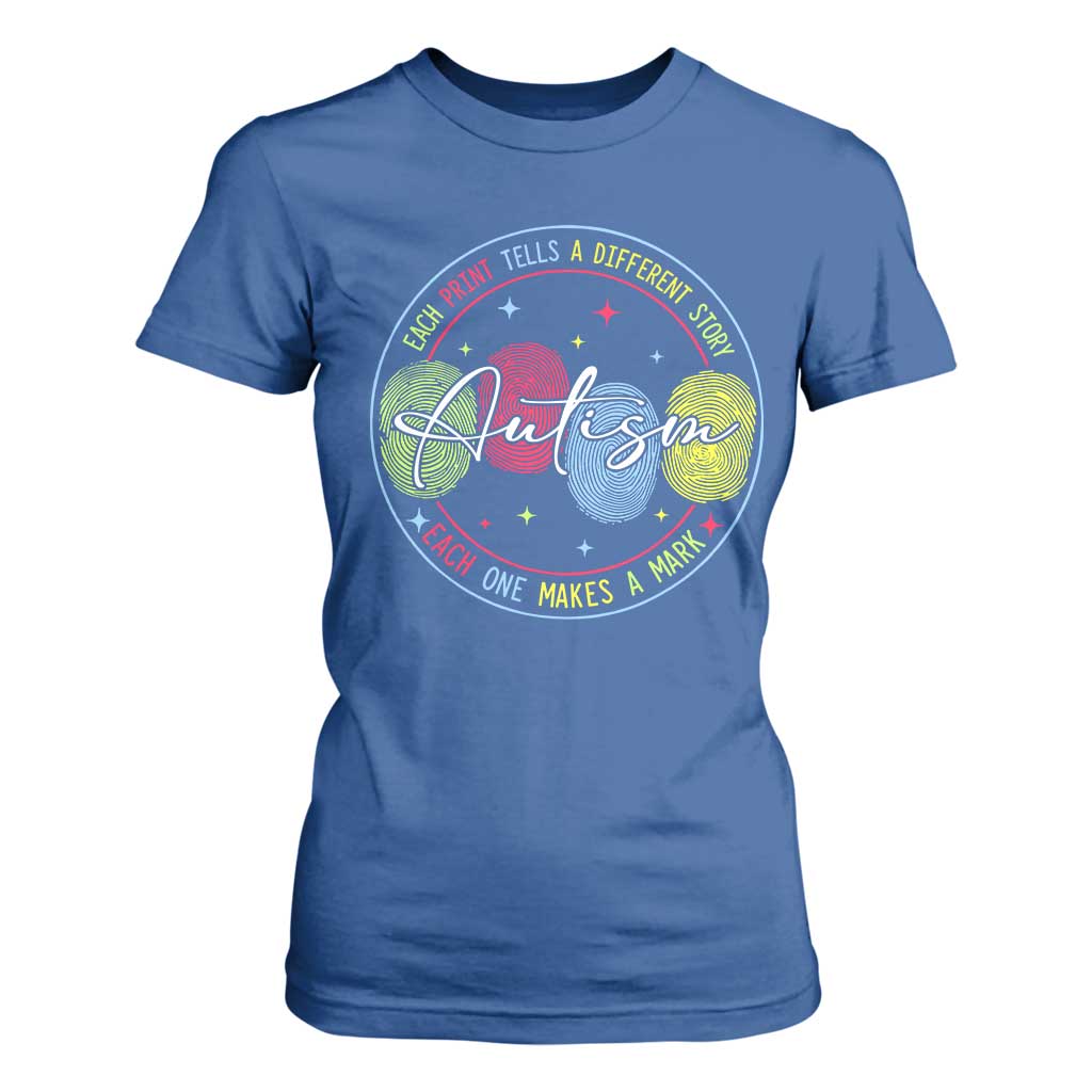 Autism T Shirt For Women Fingerprint Autism Each Print Tells A Different Story TS09 Royal Blue Print Your Wear