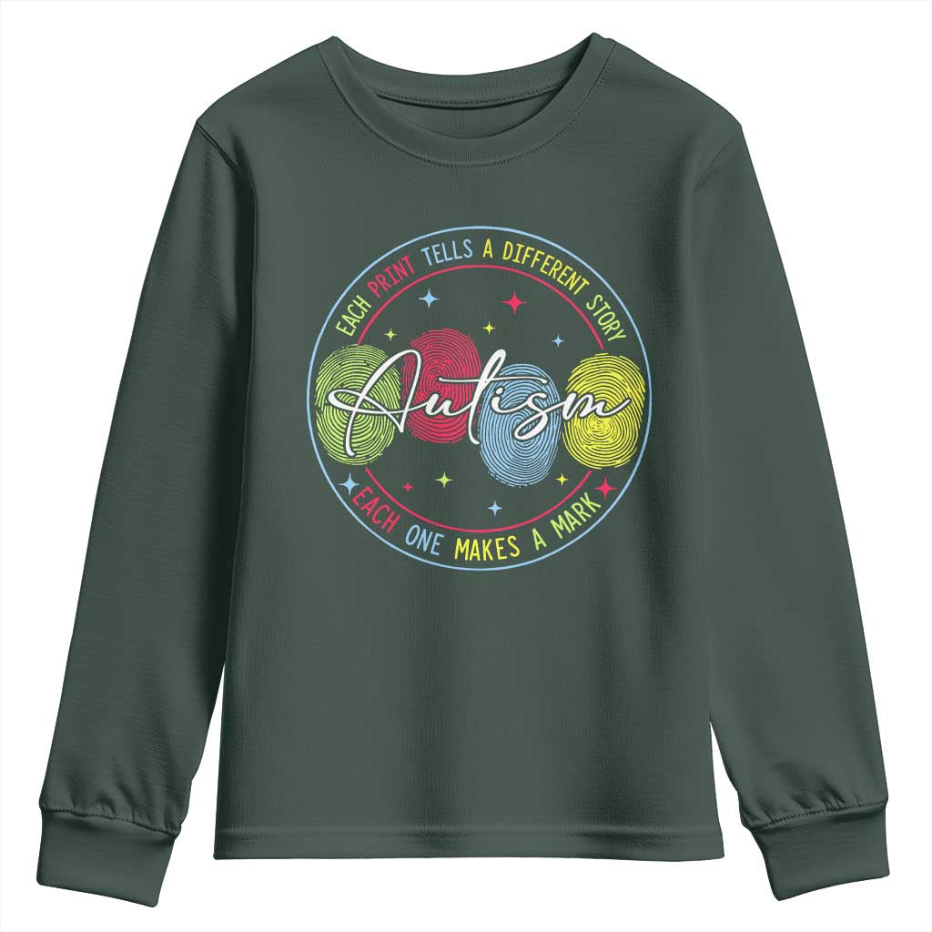 Autism Youth Sweatshirt Fingerprint Autism Each Print Tells A Different Story TS09 Dark Forest Green Print Your Wear