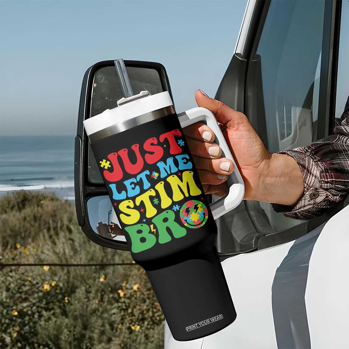 Just Let Me Stim Bro Tumbler With Handle Autism ADHD Stimming TS09 Print Your Wear