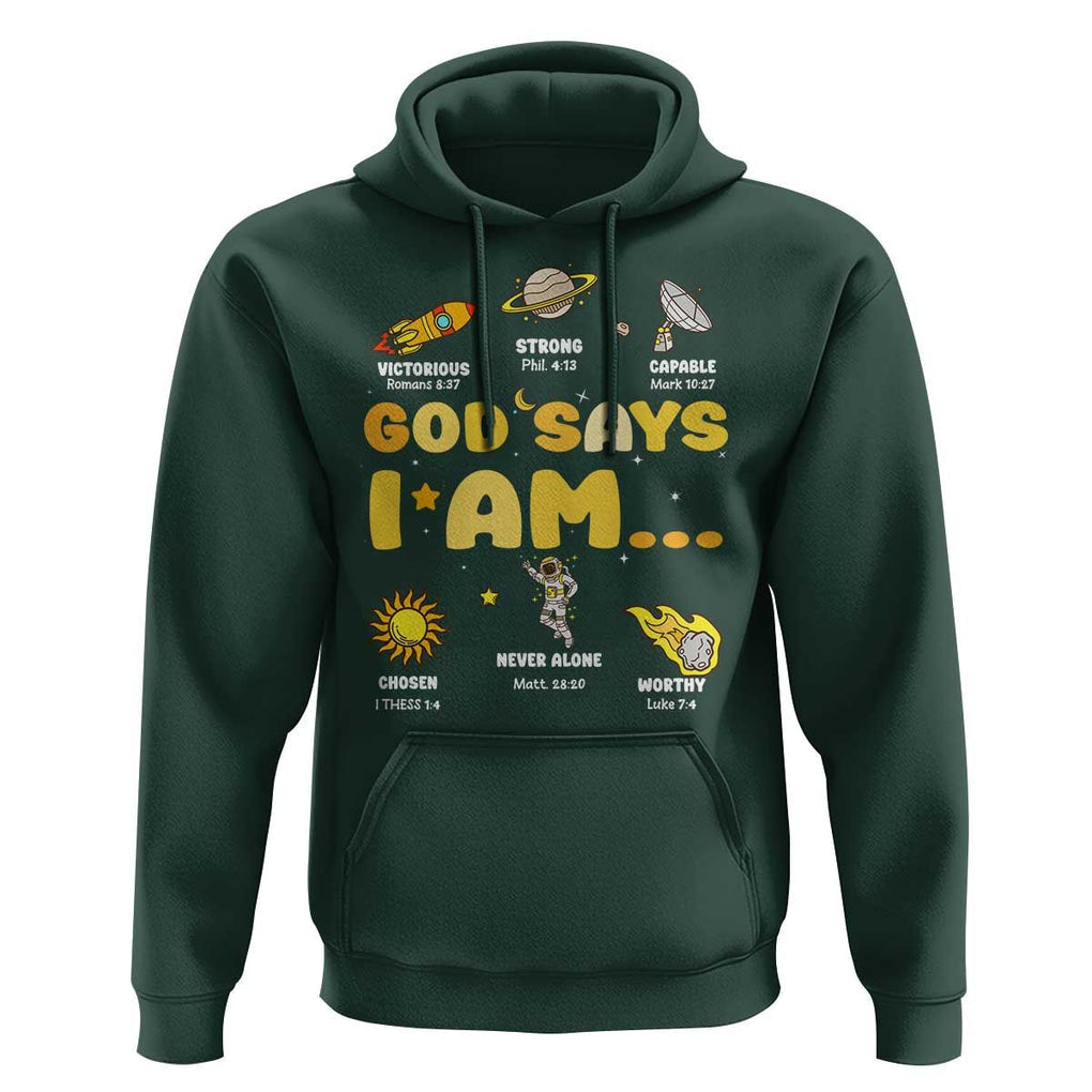 Outer Space Astrology Astronaut Planet God Says I Am Hoodie TS09 Dark Forest Green Print Your Wear