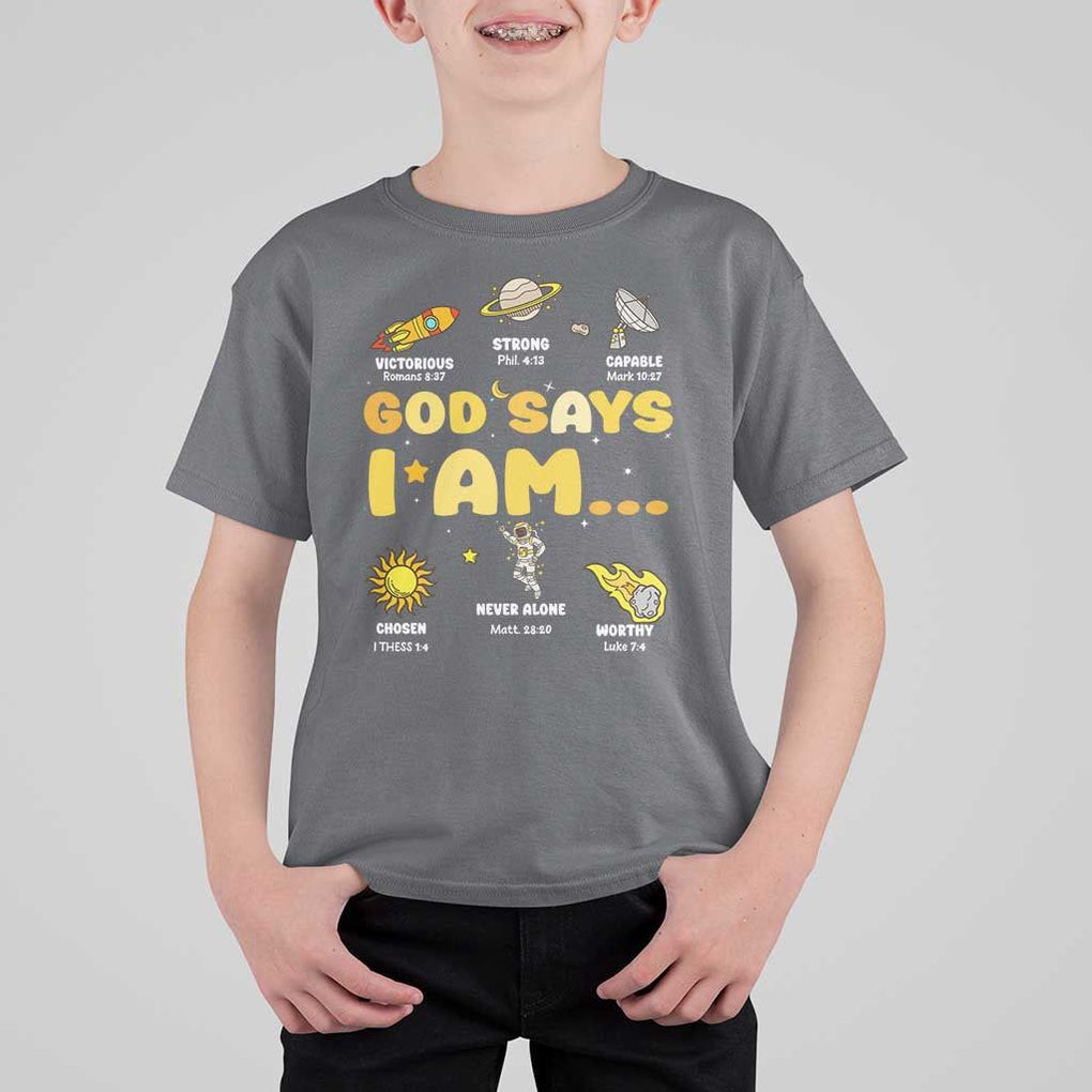 Outer Space Astrology Astronaut Planet God Says I Am T Shirt For Kid TS09 Charcoal Print Your Wear