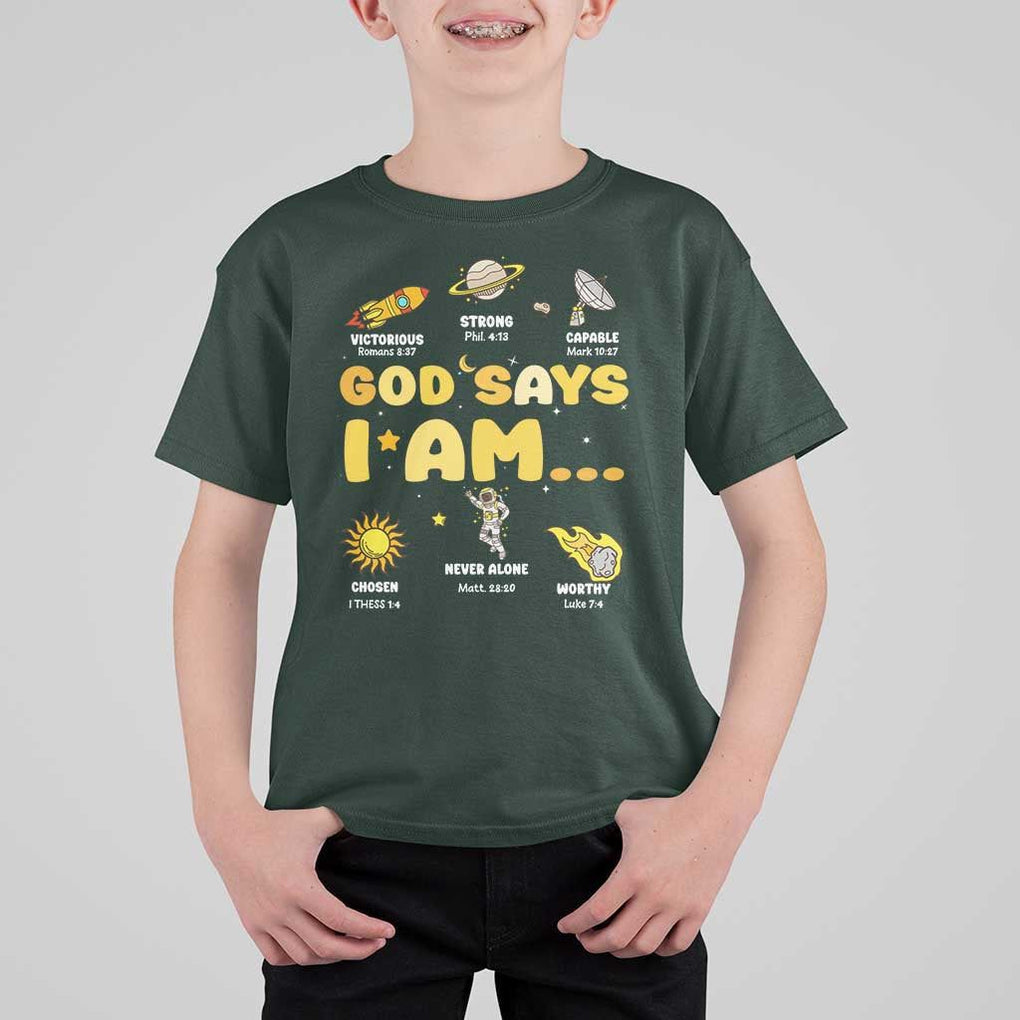 Outer Space Astrology Astronaut Planet God Says I Am T Shirt For Kid TS09 Dark Forest Green Print Your Wear