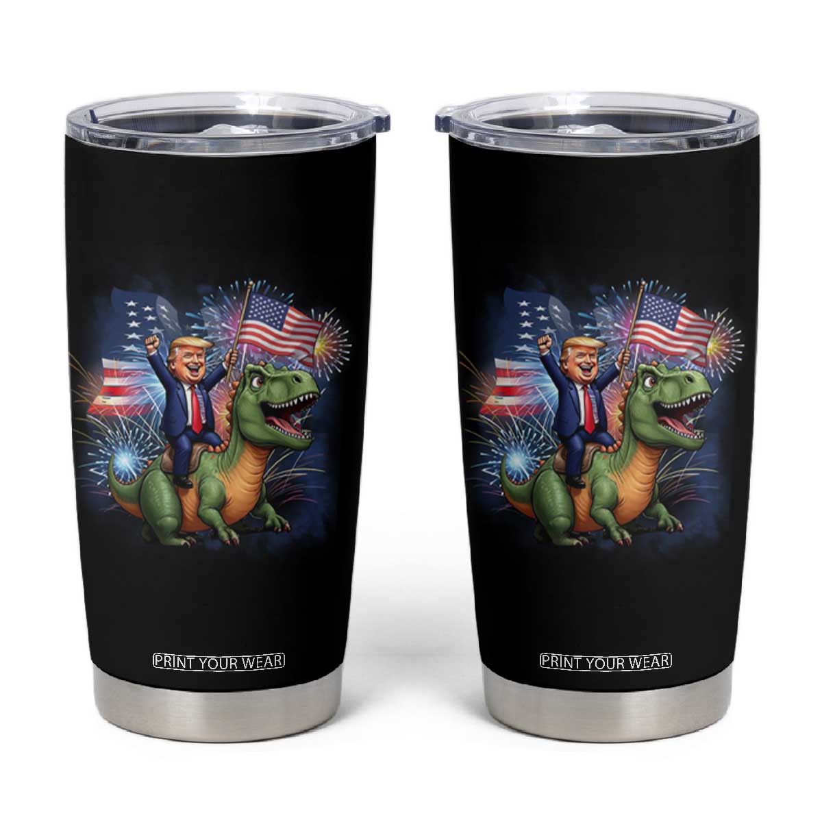 Funny Trump Riding Dinosaur Freedom Firework Tumbler Cup TS09 Black Print Your Wear