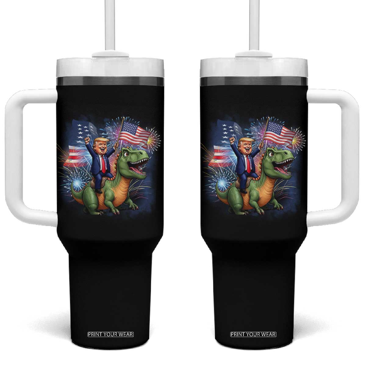 Funny Trump Riding Dinosaur Freedom Firework Tumbler With Handle TS09 One Size: 40 oz Black Print Your Wear