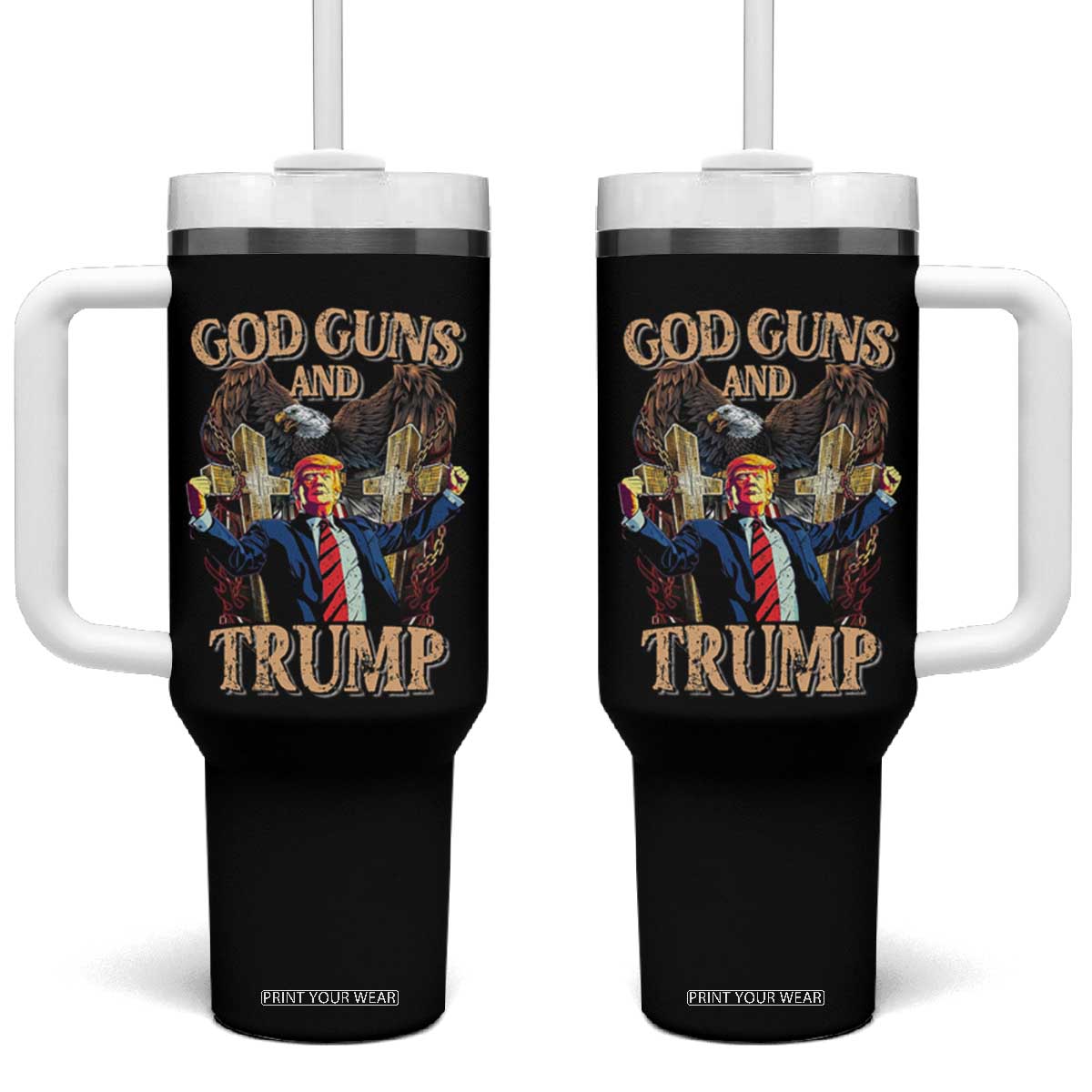 Trump Supporter Tumbler With Handle God Guns And Trump America Eagle TS09 One Size: 40 oz Black Print Your Wear