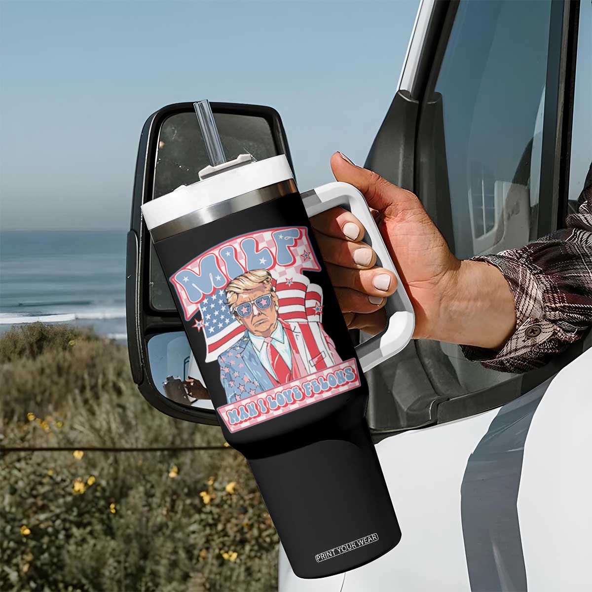 Funny Trump Supporter Tumbler With Handle MILF Man I Love Felons Pink Trump TS09 Print Your Wear
