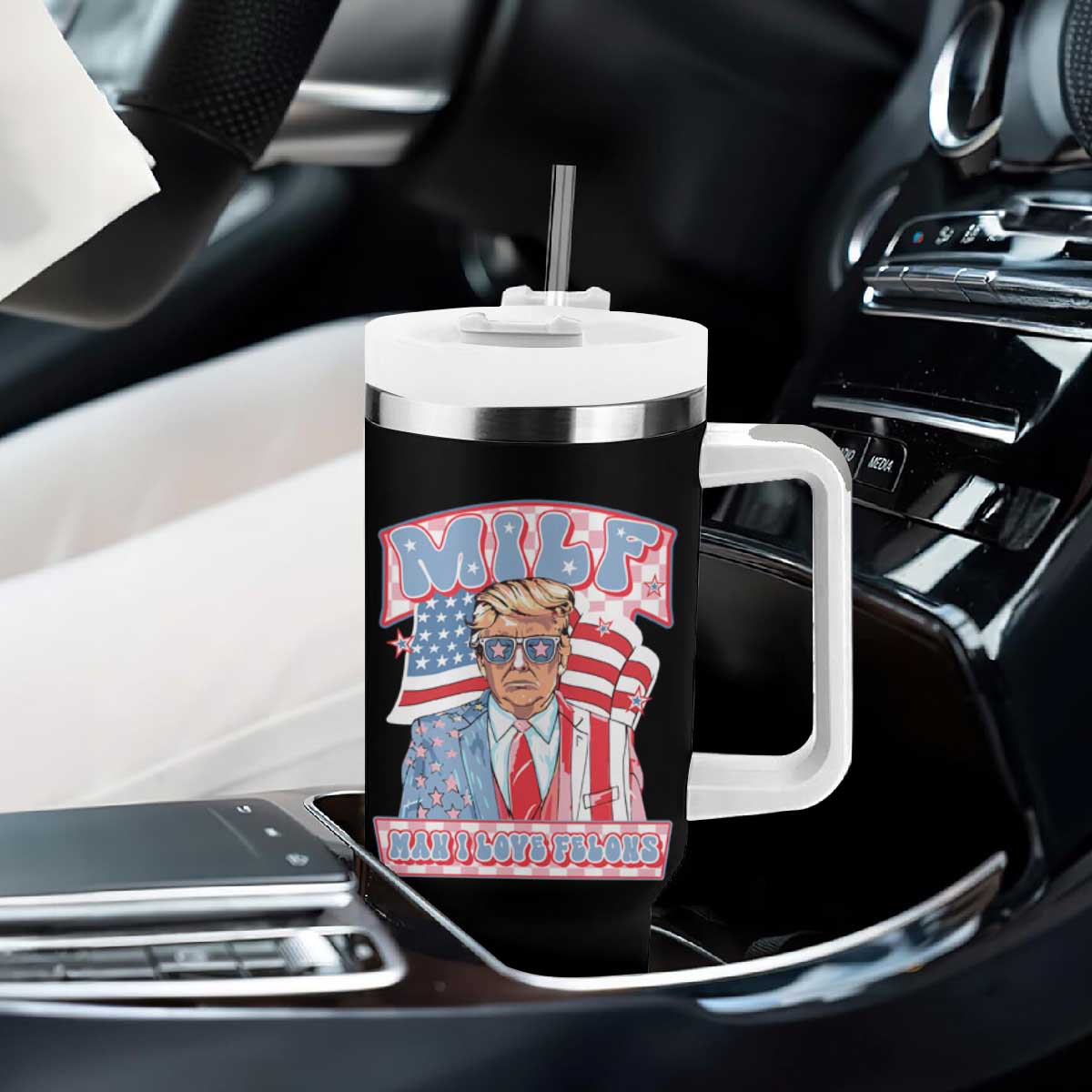 Funny Trump Supporter Tumbler With Handle MILF Man I Love Felons Pink Trump TS09 Print Your Wear