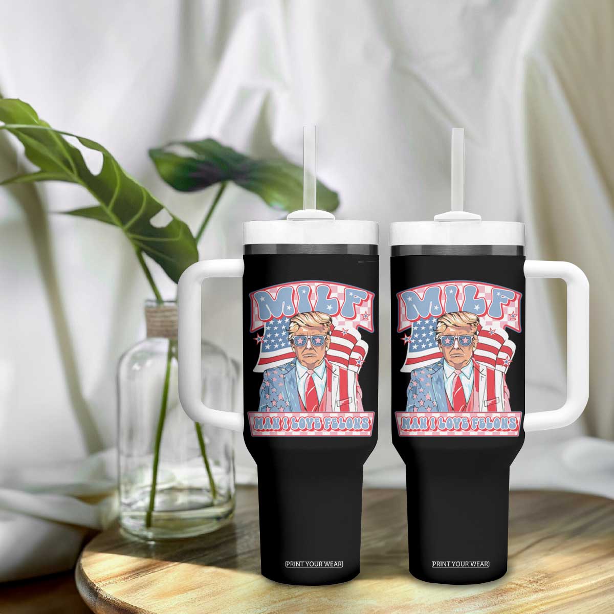 Funny Trump Supporter Tumbler With Handle MILF Man I Love Felons Pink Trump TS09 Print Your Wear