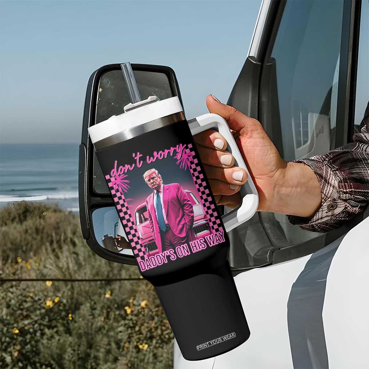 Funny Pink Trump Tumbler With Handle Daddy's On His Way TS09 Print Your Wear