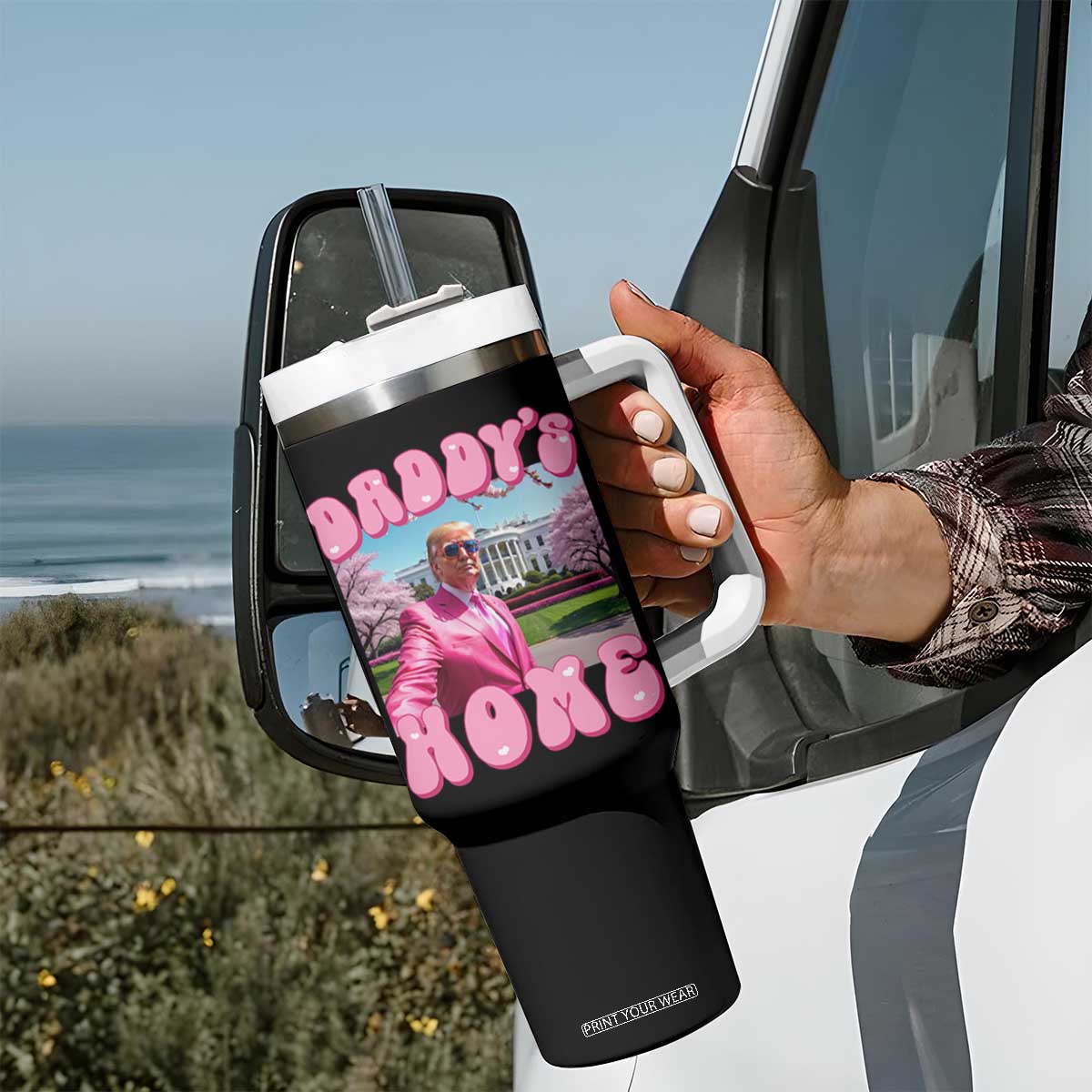 Funny Trump Supporter Tumbler With Handle Daddy's Coming Home Pink Trump TS09 Print Your Wear