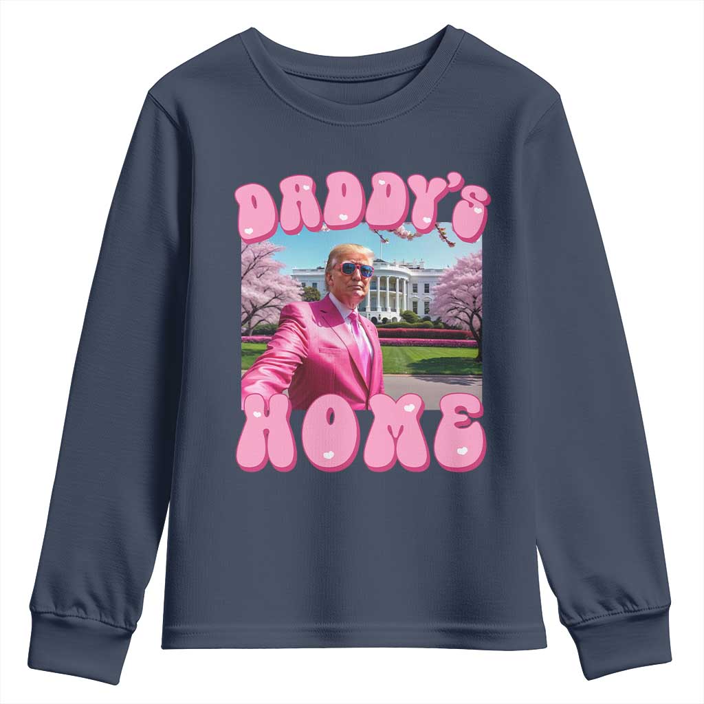Funny Trump Supporter Youth Sweatshirt Daddy's Coming Home 2024 Pink Trump TS09 Navy Print Your Wear
