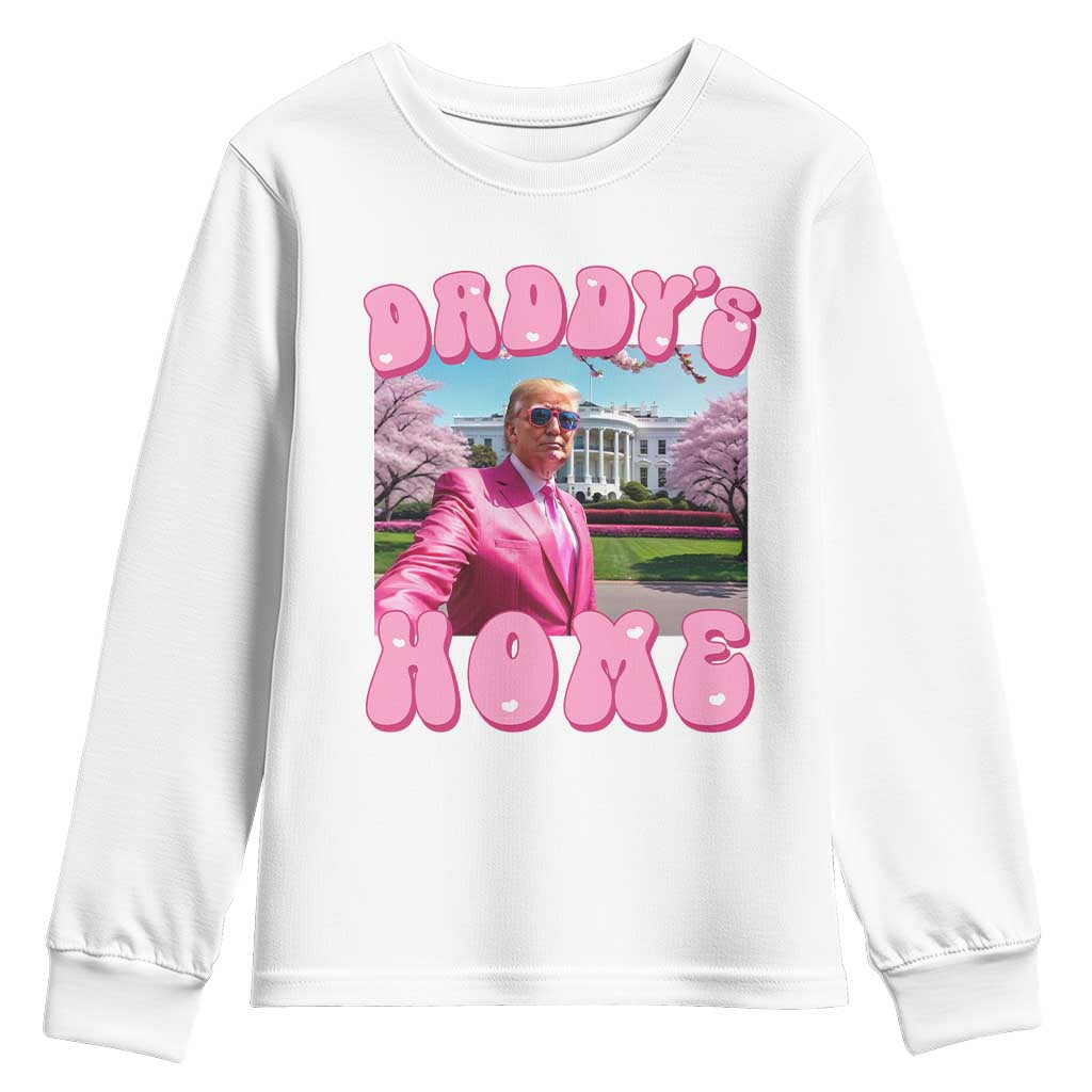 Funny Trump Supporter Youth Sweatshirt Daddy's Coming Home 2024 Pink Trump TS09 White Print Your Wear