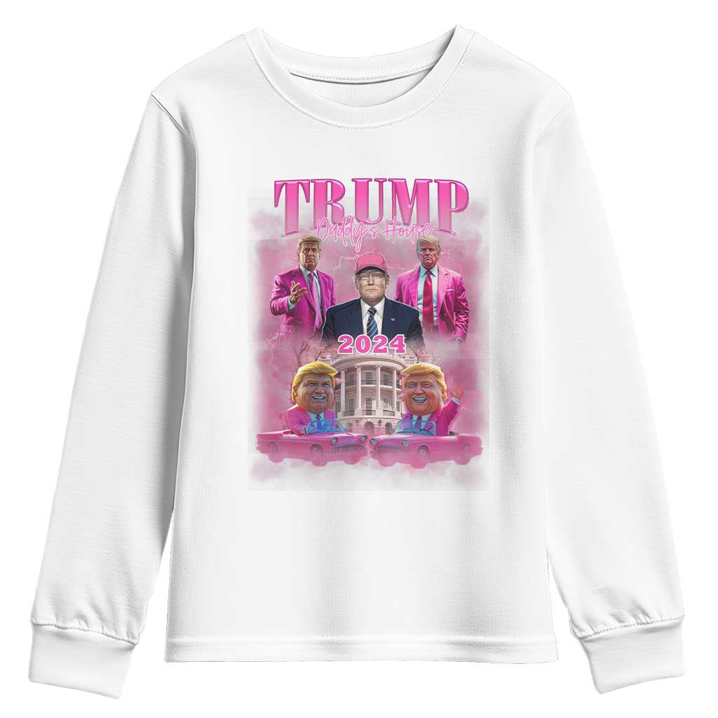 Funny Pink Trump Youth Sweatshirt Daddy's Coming Home 2024 Trump Era TS09 White Print Your Wear