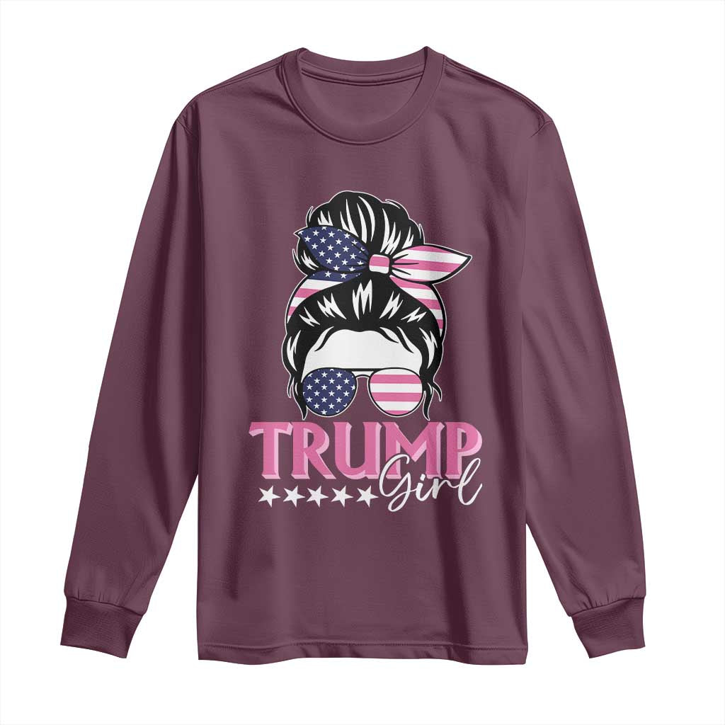 Funny Trump Supporter Long Sleeve Shirt Trump Girl Messy Bun Election American Flag TS09 Maroon Print Your Wear
