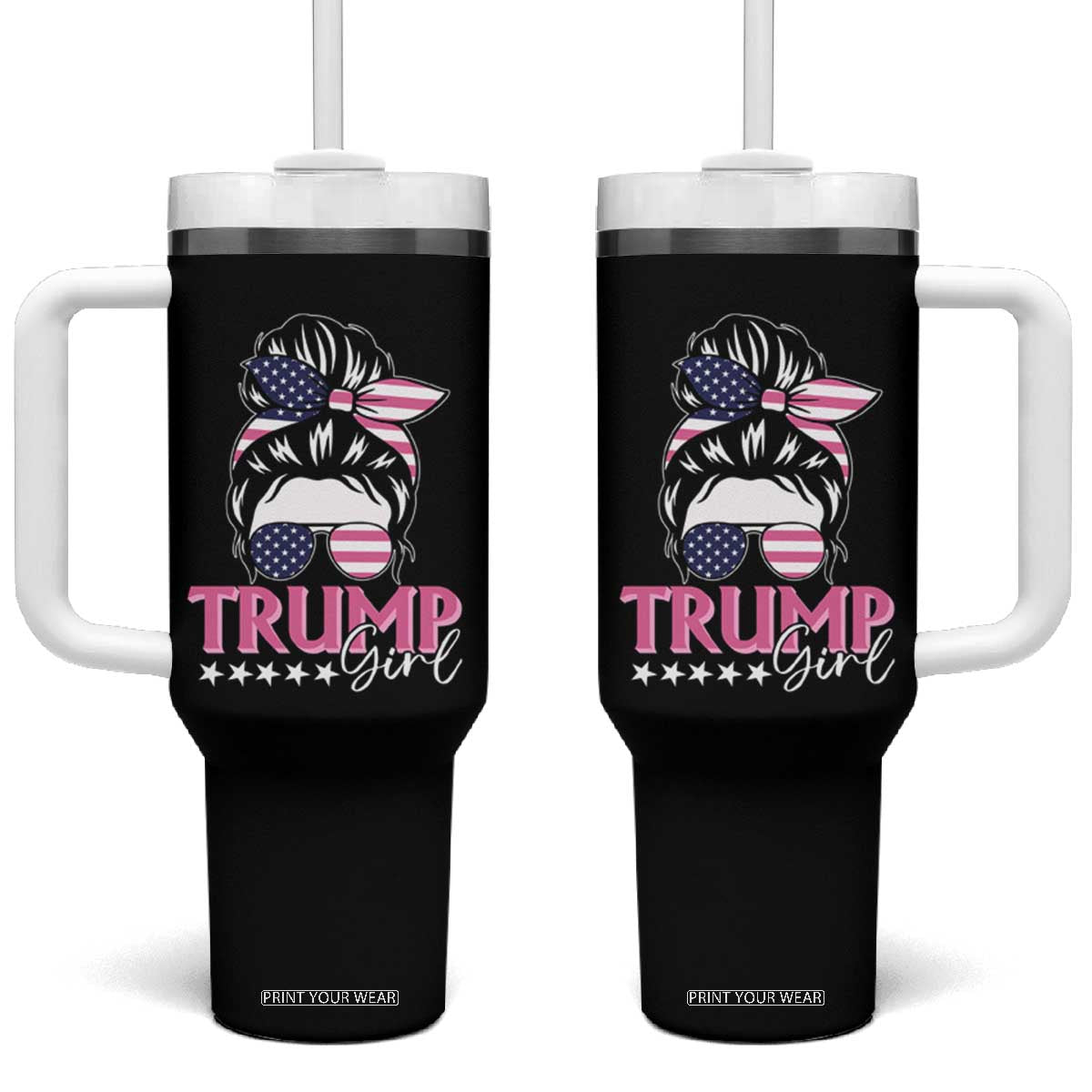 Funny Trump Supporter Tumbler With Handle Trump Girl Messy Bun Election American Flag TS09 One Size: 40 oz Black Print Your Wear