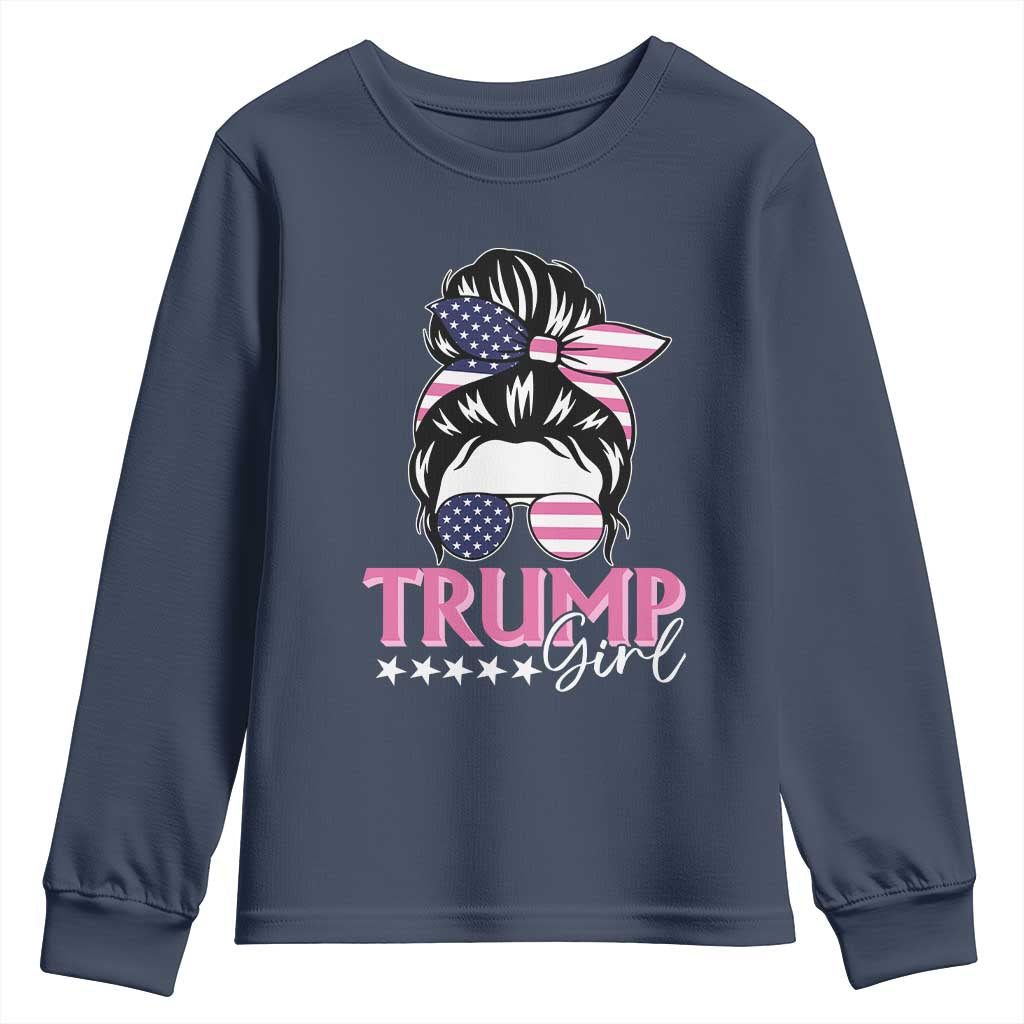 Funny Trump Supporter Youth Sweatshirt Trump Girl Messy Bun Election American Flag TS09 Navy Print Your Wear