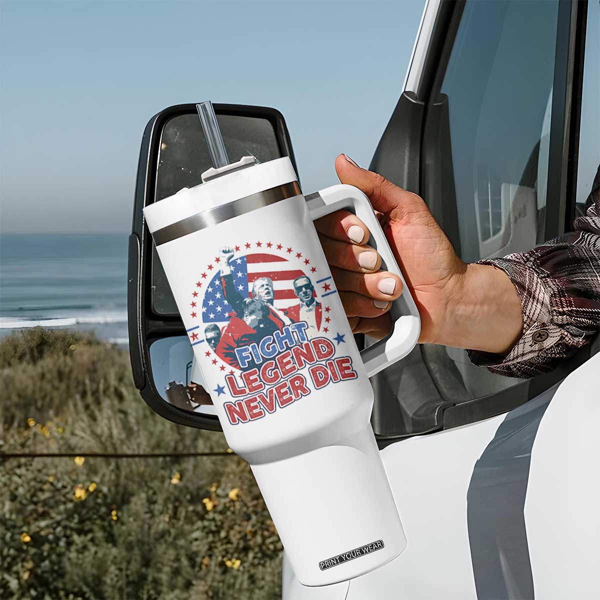 Trump Raised Fist Tumbler With Handle Fight Legend Never Die TS09 Print Your Wear
