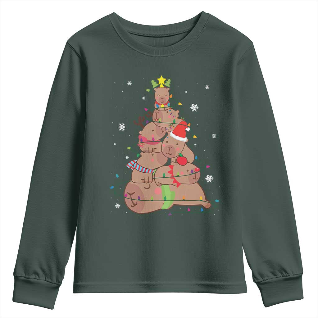 Funny Capybara Christmas Tree Youth Sweatshirt TS09 Dark Forest Green Print Your Wear