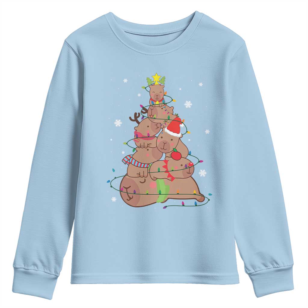 Funny Capybara Christmas Tree Youth Sweatshirt TS09 Light Blue Print Your Wear