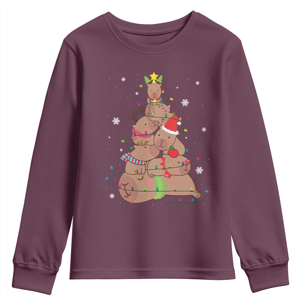 Funny Capybara Christmas Tree Youth Sweatshirt TS09 Maroon Print Your Wear