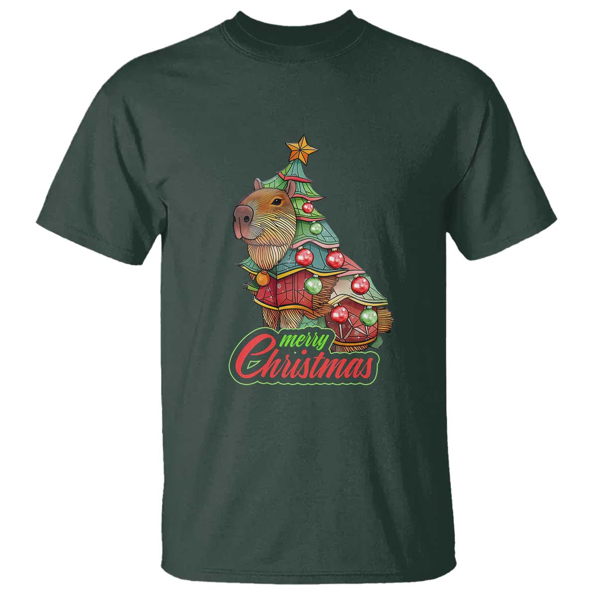 Cute Capybara Christmas Tree T Shirt TS09 Dark Forest Green Print Your Wear