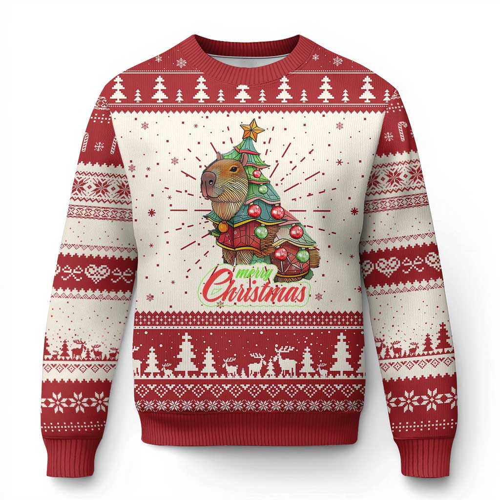 Cute Capybara Christmas Tree Ugly Christmas Sweater TS09 Red Print Your Wear