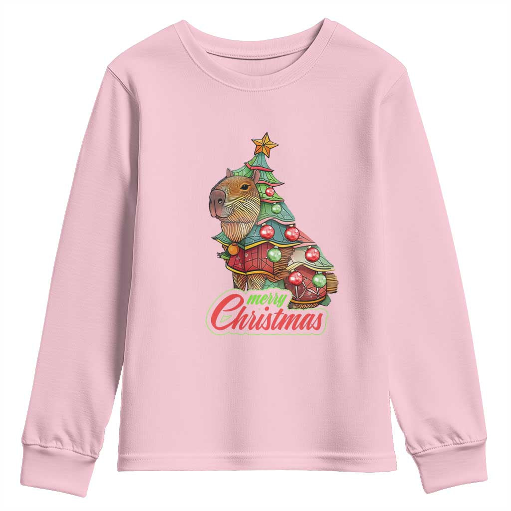 Cute Capybara Christmas Tree Youth Sweatshirt TS09 Light Pink Print Your Wear