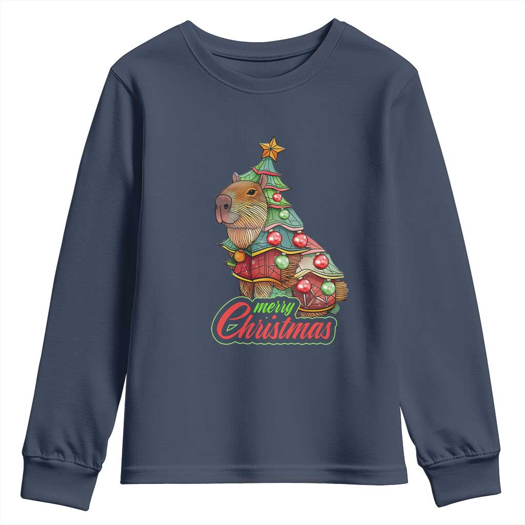 Cute Capybara Christmas Tree Youth Sweatshirt TS09 Navy Print Your Wear