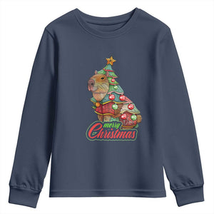 Cute Capybara Christmas Tree Youth Sweatshirt TS09 Navy Print Your Wear