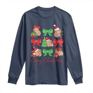 Funny Capybara Christmas Long Sleeve Shirt Cute Capy Coquette Bow TS09 Navy Print Your Wear