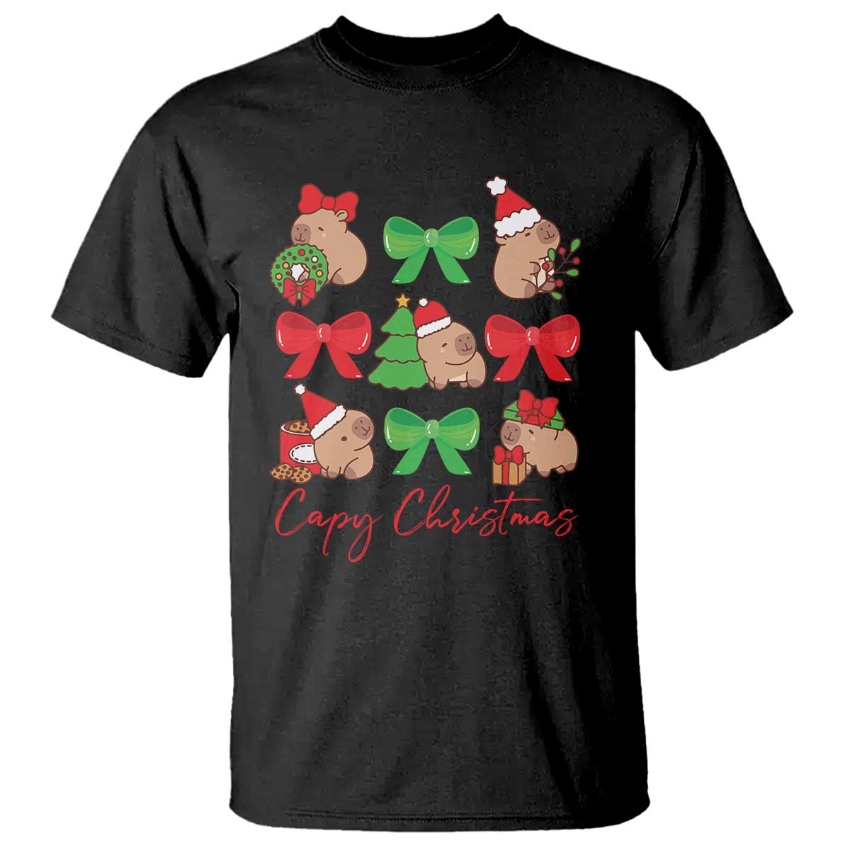 Funny Capybara Christmas T Shirt Cute Capy Coquette Bow TS09 Black Print Your Wear