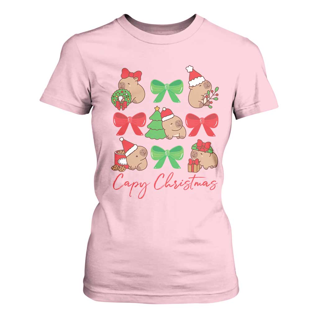 Funny Capybara Christmas T Shirt For Women Cute Capy Coquette Bow TS09 Light Pink Print Your Wear