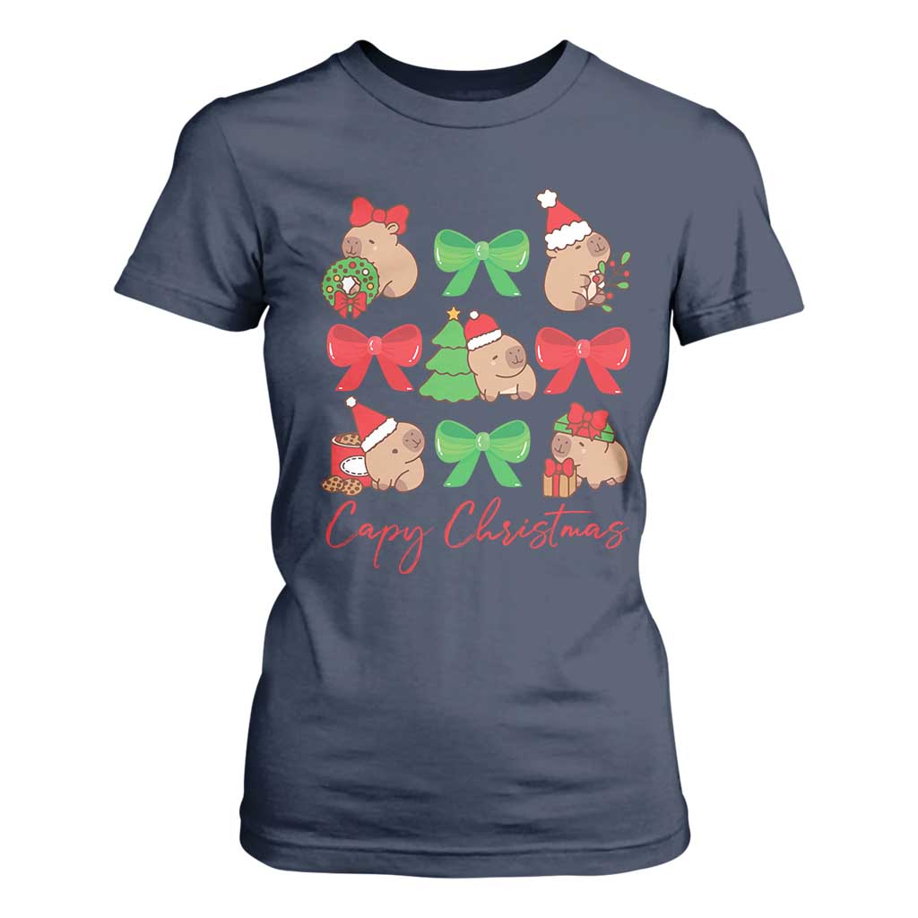 Funny Capybara Christmas T Shirt For Women Cute Capy Coquette Bow TS09 Navy Print Your Wear