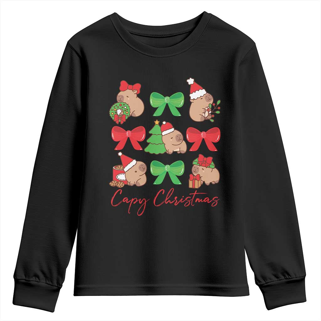 Funny Capybara Christmas Youth Sweatshirt Cute Capy Coquette Bow TS09 Black Print Your Wear