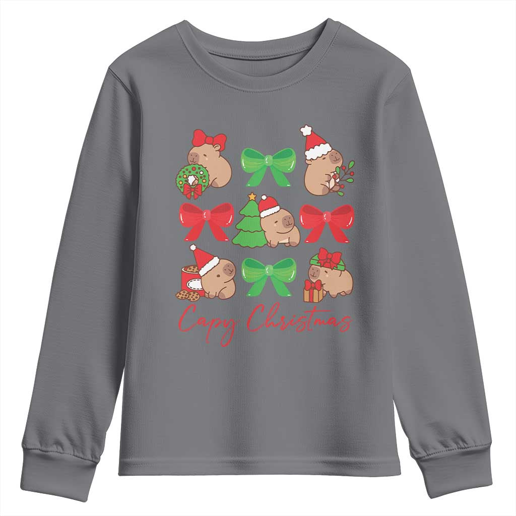 Funny Capybara Christmas Youth Sweatshirt Cute Capy Coquette Bow TS09 Charcoal Print Your Wear