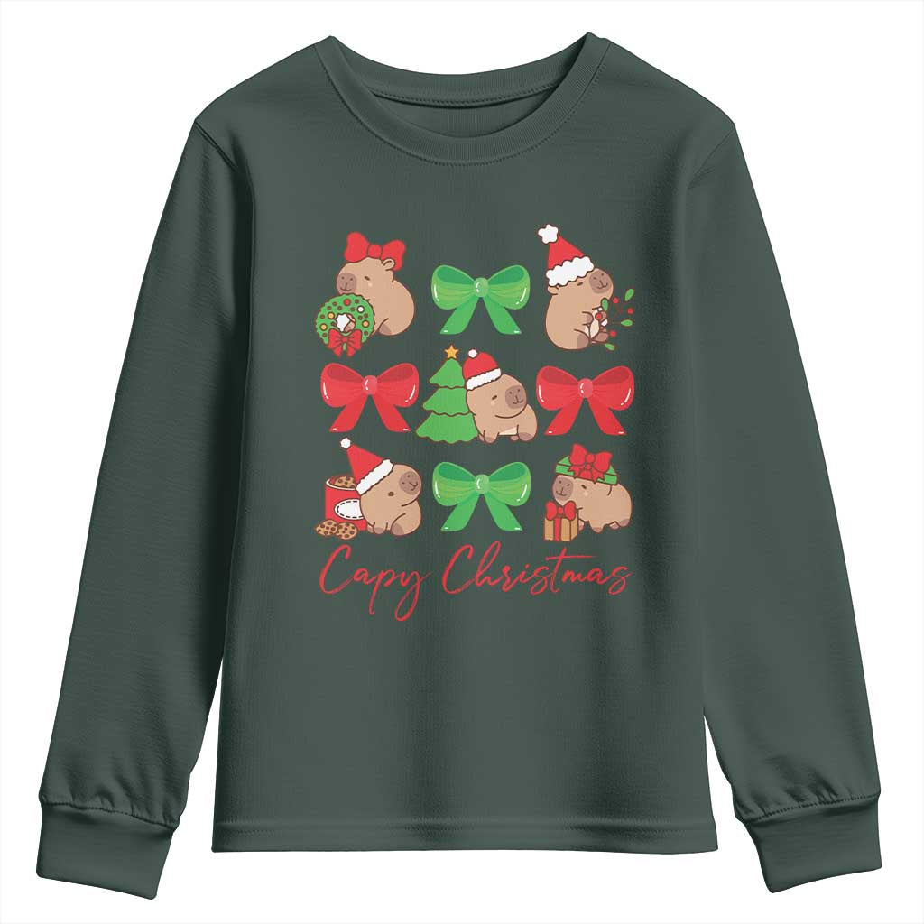 Funny Capybara Christmas Youth Sweatshirt Cute Capy Coquette Bow TS09 Dark Forest Green Print Your Wear