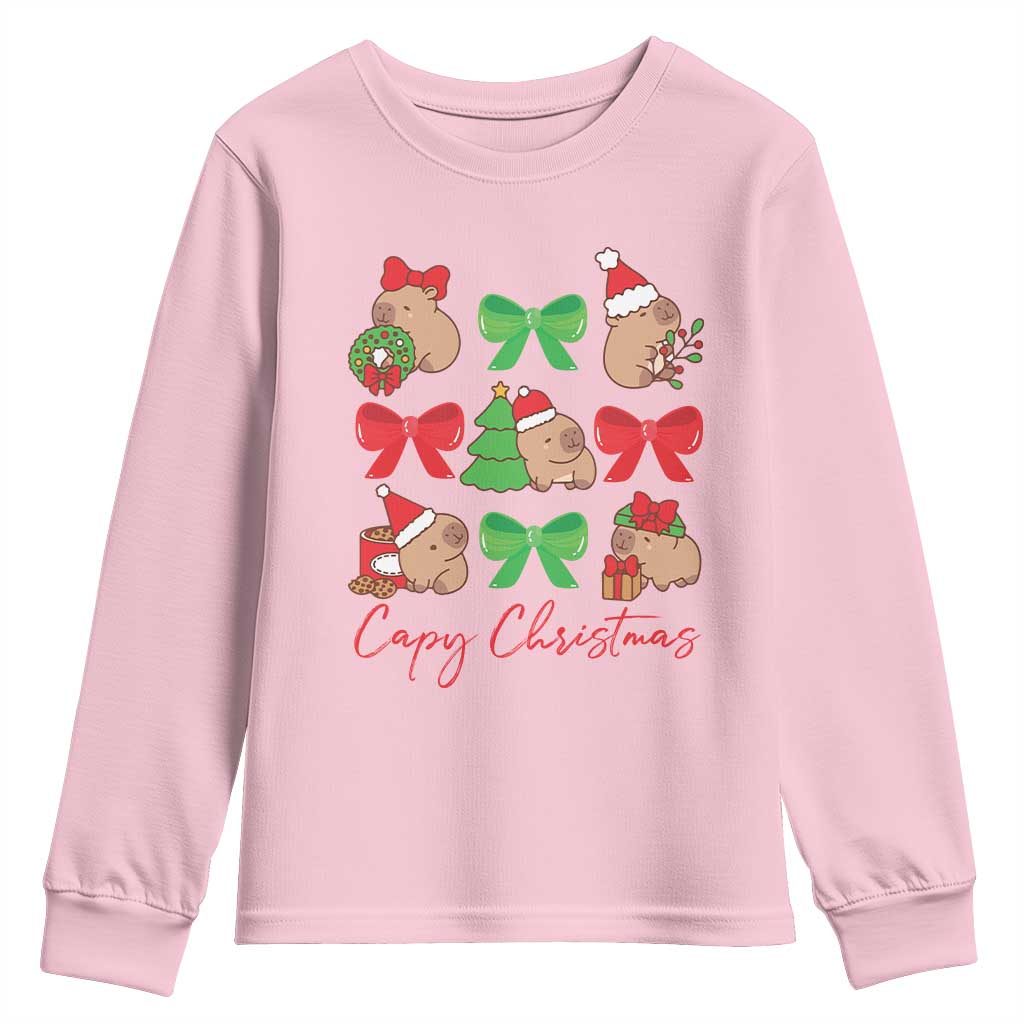 Funny Capybara Christmas Youth Sweatshirt Cute Capy Coquette Bow TS09 Light Pink Print Your Wear