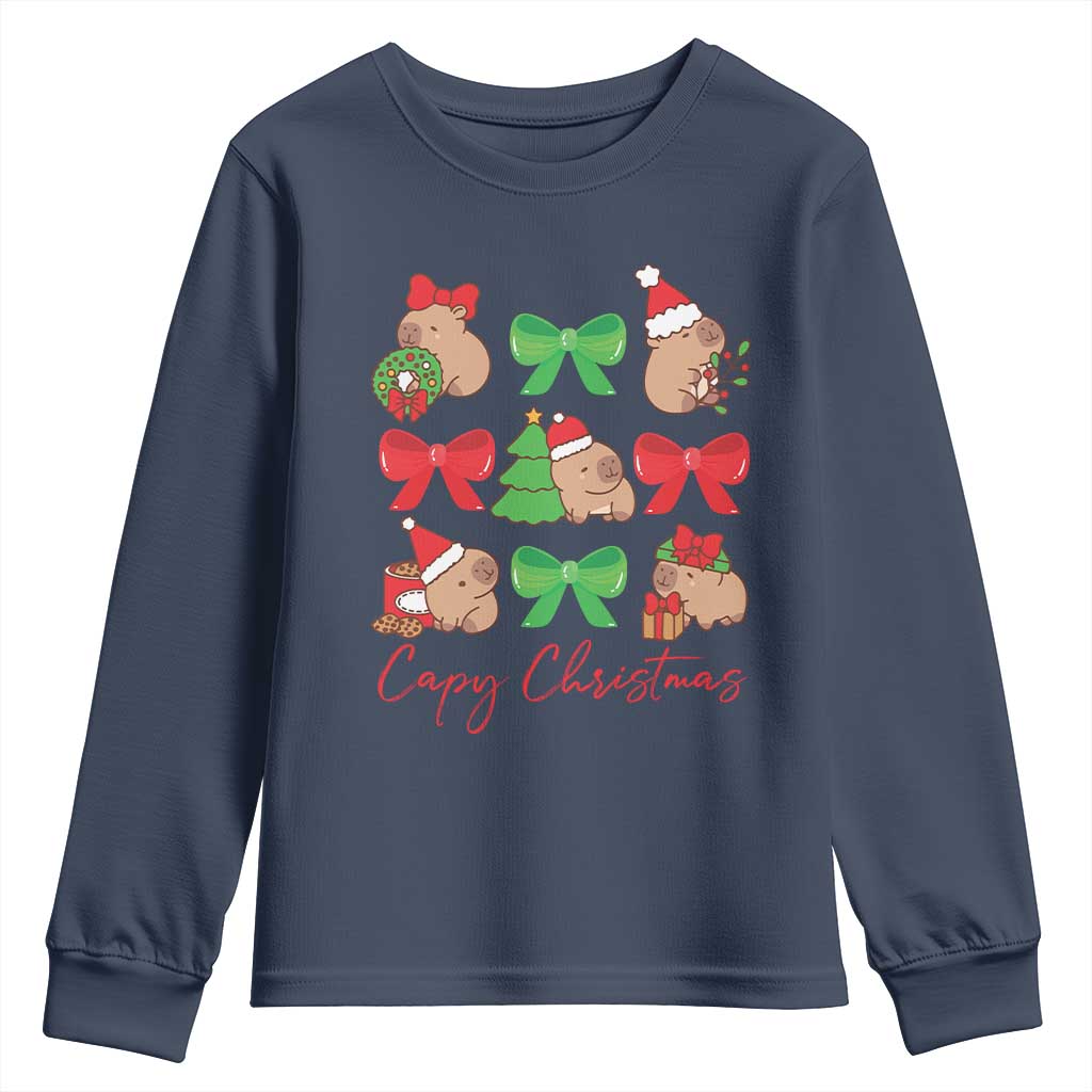 Funny Capybara Christmas Youth Sweatshirt Cute Capy Coquette Bow TS09 Navy Print Your Wear