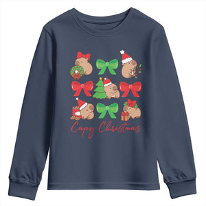 Funny Capybara Christmas Youth Sweatshirt Cute Capy Coquette Bow TS09 Navy Print Your Wear