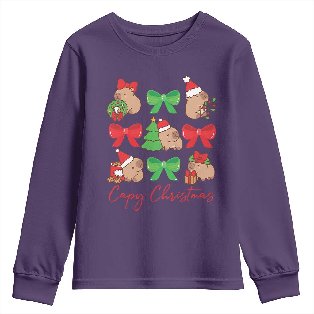 Funny Capybara Christmas Youth Sweatshirt Cute Capy Coquette Bow TS09 Purple Print Your Wear