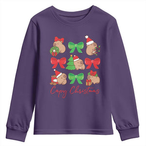 Funny Capybara Christmas Youth Sweatshirt Cute Capy Coquette Bow TS09 Purple Print Your Wear