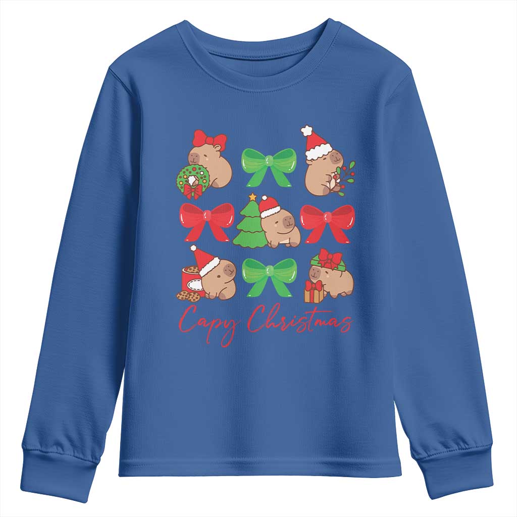 Funny Capybara Christmas Youth Sweatshirt Cute Capy Coquette Bow TS09 Royal Blue Print Your Wear
