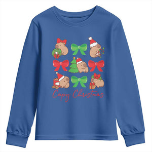 Funny Capybara Christmas Youth Sweatshirt Cute Capy Coquette Bow TS09 Royal Blue Print Your Wear