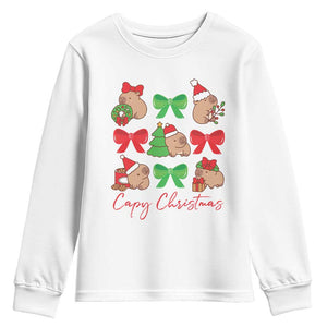 Funny Capybara Christmas Youth Sweatshirt Cute Capy Coquette Bow TS09 White Print Your Wear